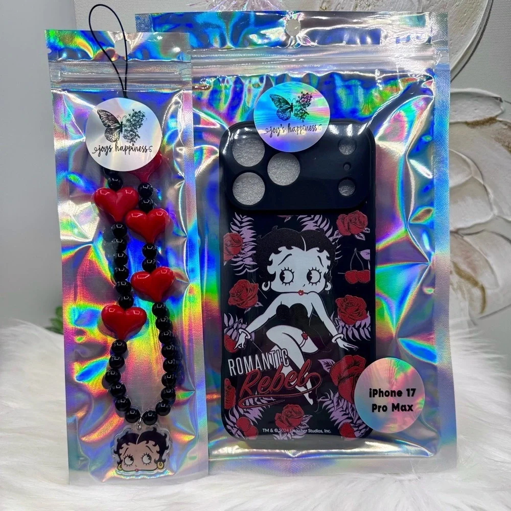 Betty Boop iPhone 17 Pro Max Case with Phone lanyard, Black & Red Theme
